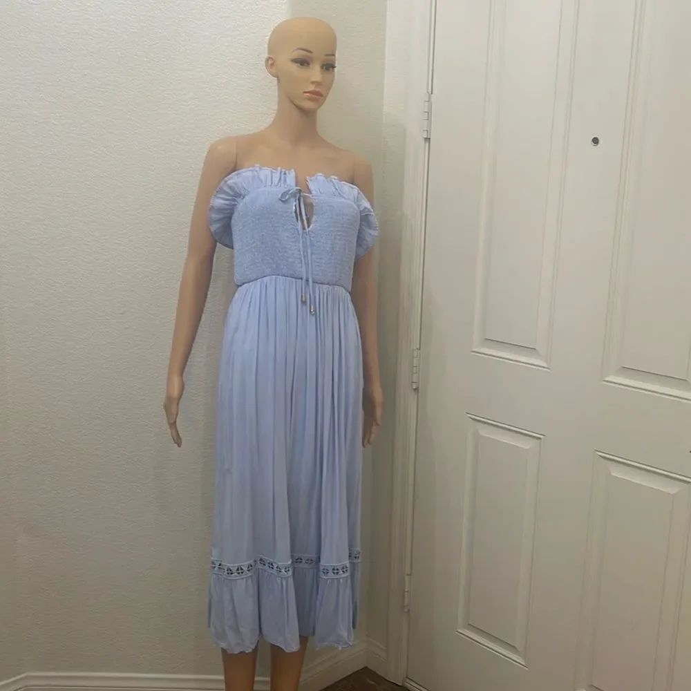 Soft Baby Blue Sun Dress Elastic Bodice Midi Front Or Back Neck Tie Gold Tassels